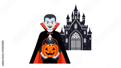 Spooky Dracula with Castle : A dracula stands menacingly in front of a castle, clutching a carved pumpkin filled with candies, as a chillingly festive symbol of Halloween.
