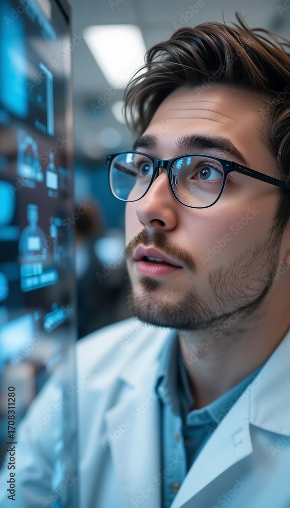 Fototapeta premium Young man in glasses and lab coat examining digital screen data analysis
