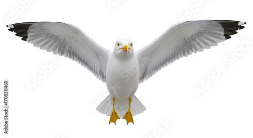 Isolated gull flying with wings spread, large seagull in flight against simple backdrop