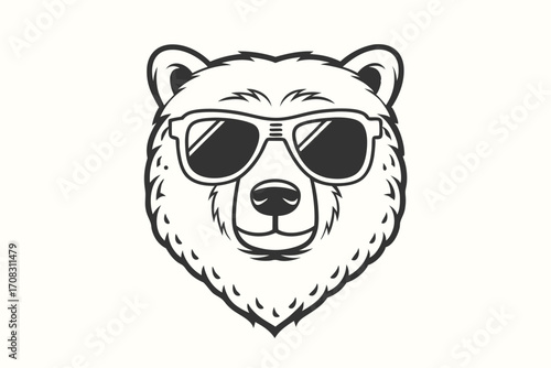 Cool bear head wears trendy sunglasses; its monochrome visage projects a relaxed, modern vibe