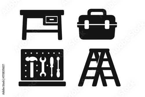 Workshop tools icons in silhouette style with workbench, toolbox, pegboard, ladder, construction equipment vector set, cartoon illustration, transparent background