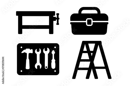 Silhouette workshop tools icons set, workbench, toolbox, pegboard with wrench hammer screwdriver, and step ladder, vector cartoon illustration, transparent background