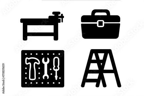Workshop tools icons set in silhouette style with workbench, toolbox, pegboard with hammer, wrench and screwdriver, and ladder, vector cartoon illustration, transparent background, ordered collection