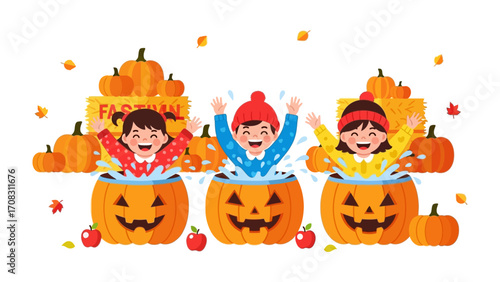 Festive Pumpkin Play: Joyful children revel in the autumnal spirit, playing inside carved pumpkins during a vibrant fall festival. The scene is filled with playful energy and festive cheer.