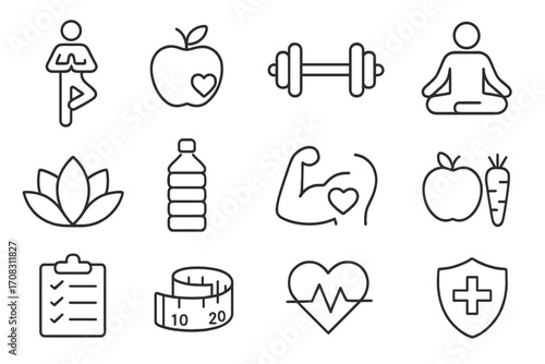 Wellness and health outline icon set with yoga poses, nutrition symbols, fitness equipment, heart health, hydration, measurement tape, checklist, and medical shield vector cartoon illustration