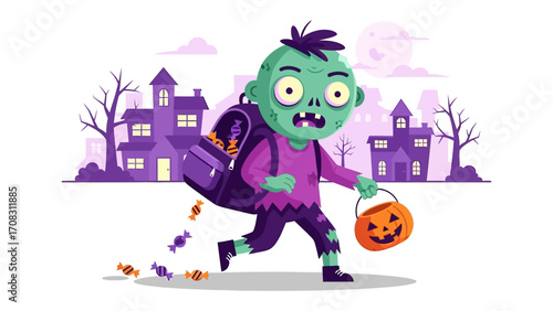Spooky Halloween Scene: A young, cartoonish zombie gleefully navigates a neighborhood lane with a jack-o'-lantern bucket and treats, capturing the eerie essence of a Halloween night. 