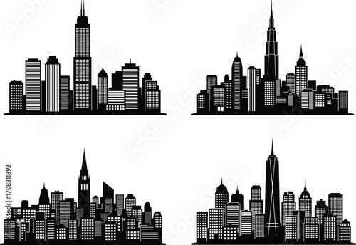 City skyline silhouette vector set, modern urban buildings illustration, skyscraper cityscape clipart, downtown architecture graphic, metropolitan skyline icons for design projects