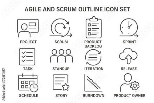 Agile and scrum outline icon set for project management. Workflow and development process symbols. Vector icons for sprint, backlog, iteration, release and burndown chart.
