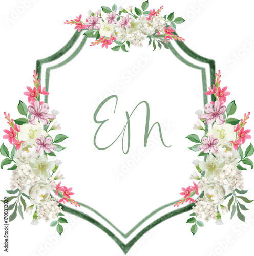 A hand drawing watercolor floral crest featuring delicate pink and white flowers and lush green leaves, framing the elegant script initials 'Em' on a white background.