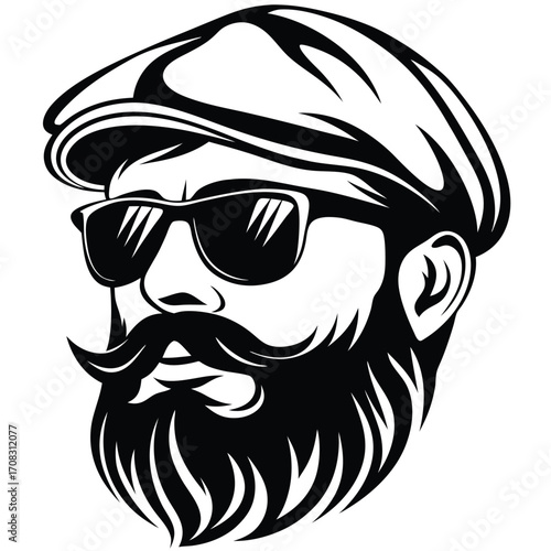 Bearded man with sunglasses wearing a newsboy cap presents a striking monochrome portrait