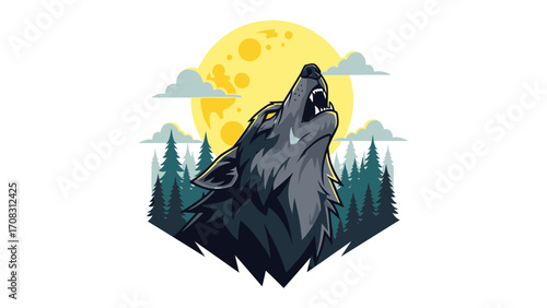 Moonlit Howl: An illustration of a lone wolf, silhouetted against the radiant moon, its head raised in a soulful howl amidst a forest. 