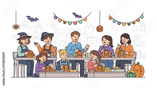 Halloween Pumpkin Carving: A heartwarming scene of a family engaged in the creative activity of carving pumpkins, embracing the spirit of Halloween with artistic enthusiasm.