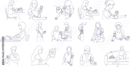 Vector Line Art of Women Checking Blood Pressure – Medical Health Care Illustrations