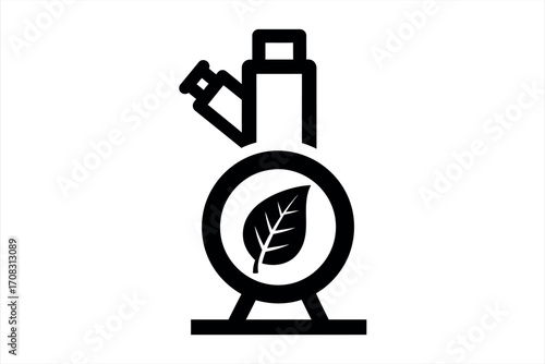 Black line art icon of a laboratory flask with a leaf inside science chemistry