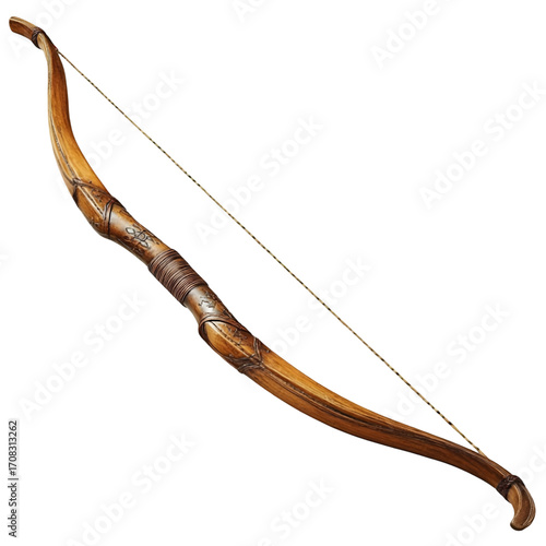 A traditional wooden recurve bow with intricate carvings and a taut string, isolated on a transparent background, representing archery and historical weaponry