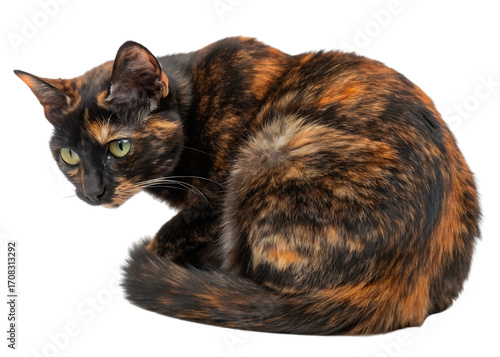 Tortoiseshell cat coiled with intense gaze white background, isolated on transparent background
