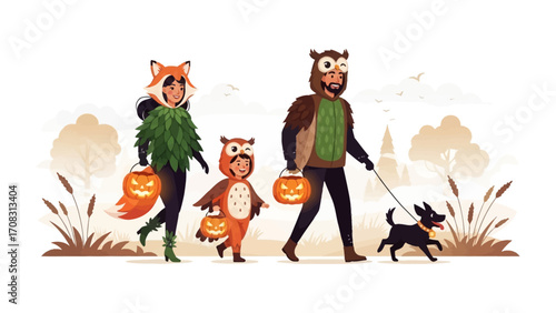 Spooky Family Walk: A family dressed in whimsical costumes strolls along a pathway, carrying festive pumpkin buckets and a happy dog. capturing the fun of a Halloween season. 