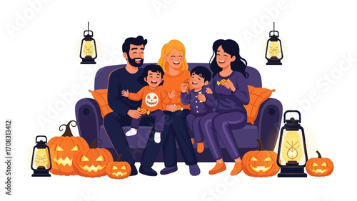 Family Gathering for Halloween: A loving family, dressed in festive attire, gathers on a cozy sofa, surrounded by grinning jack-o'-lanterns and traditional lanterns.