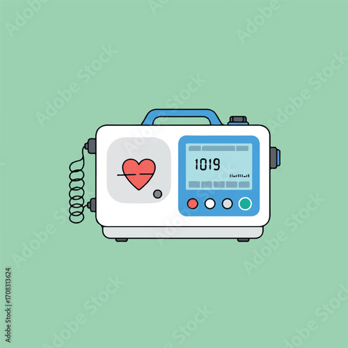 Illustration of a medical defibrillator with a heart symbol and digital display.