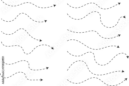 Long dotted line arrow set. Curved dashed outline arrows collection. Long squiggle curved dotted live arrow 