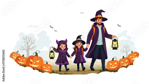 Family Halloween Adventure: A heartwarming illustration of a parent and their two children, dressed in enchanting Halloween costumes, embarking on a delightful trick-or-treating adventure.
