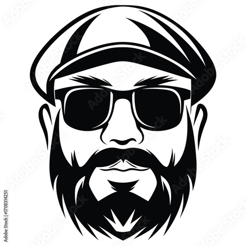 Bearded man wearing a peaked cap and sunglasses stares intensely in this black and white emblem