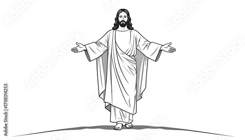 Black and White Illustration of Jesus Christ with Open Arms
