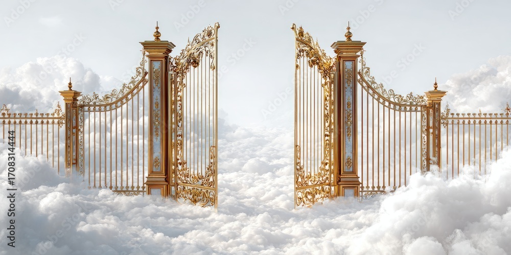 Fototapeta premium Golden Gates to Heaven A grand, ornate golden gate, adorned with intricate details, stands open over fluffy white clouds.