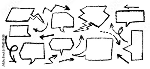 Crayon drawing speech buble set with graffiti style arrows. Collection of hand drawn chalk elements. Vector black charcoal handwriting comic text clouds in doodle style on blackboard. Grunge texture.