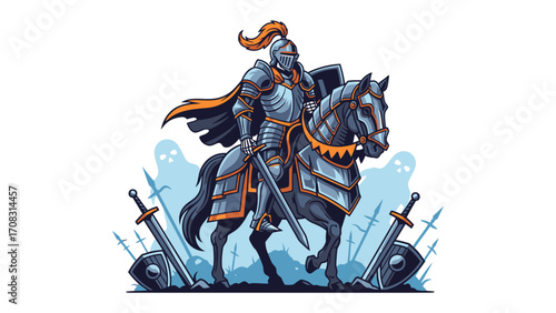 Knight in Armor: A brave knight clad in shining armor astride a majestic steed. A symbol of courage, chivalry, and the valor of medieval warfare. 