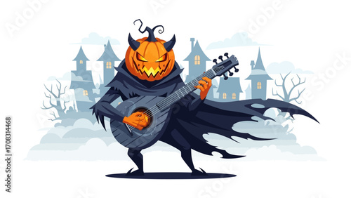 Spooky Musician's Serenade: A spectral jack-o'-lantern serenades with a guitar, setting a haunting mood with a whimsical, cartoonish vibe on a chilling Halloween evening.