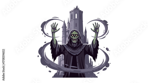 Mysterious Master of the Dark Arts: A spectral figure in a hooded robe commands attention against a backdrop of an ominous gothic architecture, with an uncanny power.