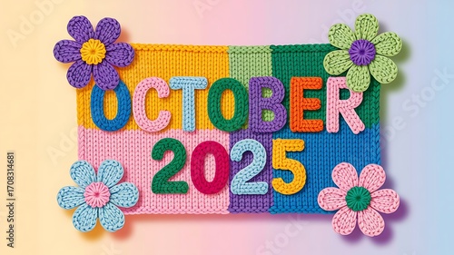 Fototapeta Naklejka Na Ścianę i Meble -  October 2025 colorful calendar design with cheerful flowers for cozy fall vibes