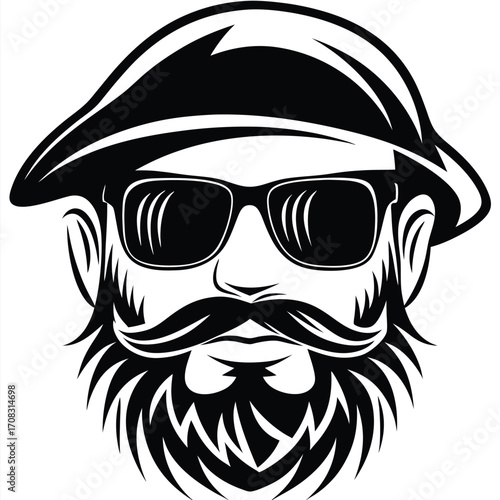 Bearded man with sunglasses and hat depicted in striking black and white