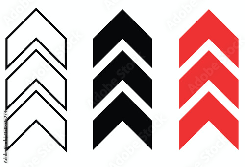 Upward chevron icon set. Black and red upward chevron arrow different style