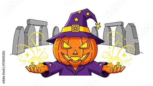 Mystical Pumpkin Wizard: An enchanting Halloween illustration of a pumpkin-headed wizard conjuring golden energy with Stonehenge in the background.