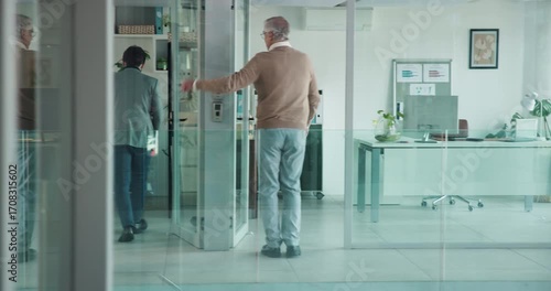 Collaboration, conversation and walking with business men in glass office for start of work. Arrive, gesture or teamwork with employee and mentor in corporate workplace for discussion or planning