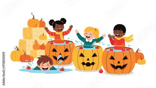Autumn's Joy: Four smiling children happily play in carved pumpkins filled with water and apples, against a backdrop of stacked pumpkins, embodying the spirit of a festive season. 