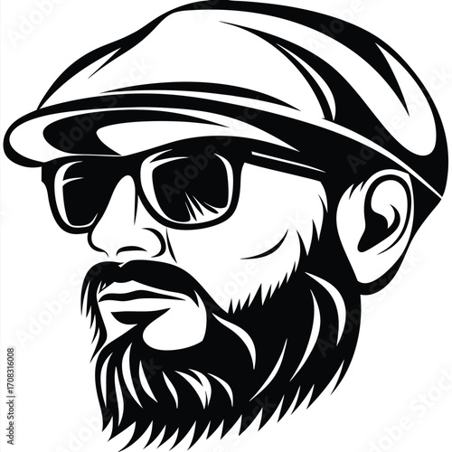 Bearded man in a cap with glasses boasts a striking black and white silhouette