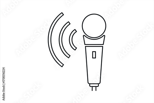 Black outline microphone with sound waves on white background audio music