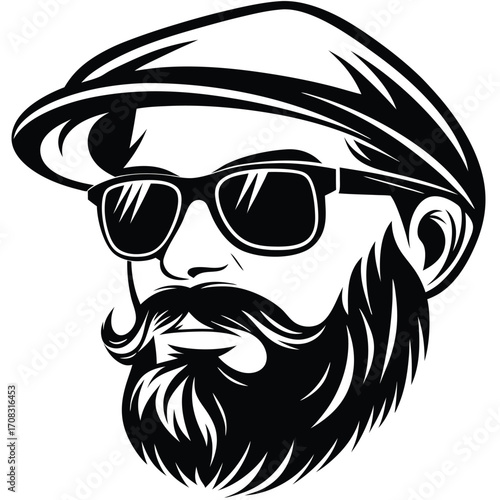 Bearded man with sunglasses and a newsboy cap displays classic monochrome style