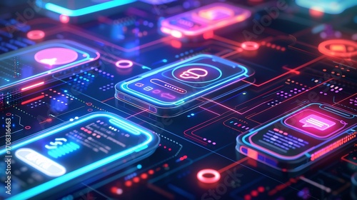 Mobile devices displaying financial data connect through a digital network circuit board with vibrant neon illumination.