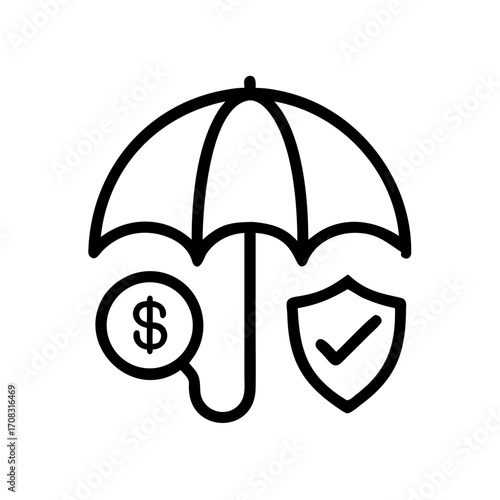 Umbrella, Insurance Vector Line Icon with Editable Stroke on White Background.Umbrella. Icon with reflection on white background
