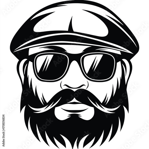 Bearded man wearing a cap and sunglasses shows a classic strong look