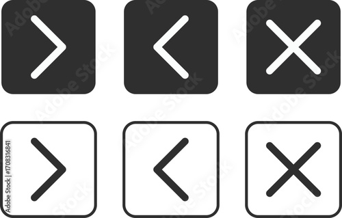 Previous next and close page button set. Chevron lest, right symbol
