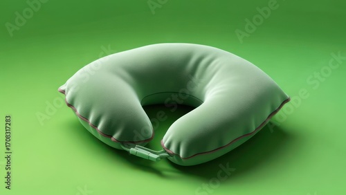 A pale green, U-shaped travel pillow rests on a vibrant green background.  It features a subtle, darker trim and a small fastening clip.  The pillow appears soft and inflatable
