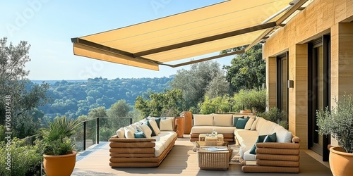 Elegant luxury patio featuring a retractable awning for ultimate relaxation and outdoor enjoyment.