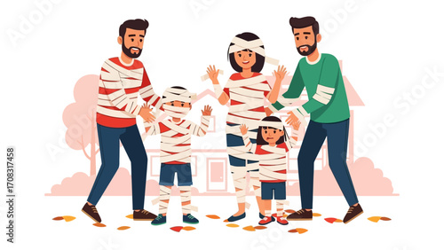 Halloween Family Fun: A family, playfully wrapped in bandages, embodying the spirit of Halloween. They're having fun. A festive moment.