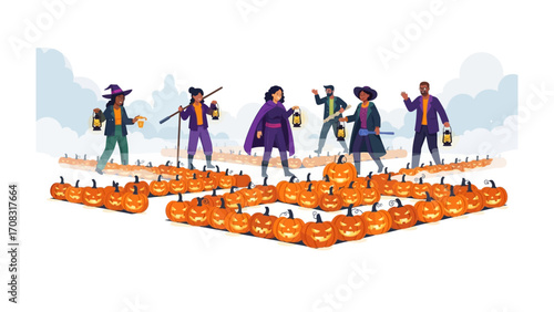 A Halloween Gathering in the Pumpkin Patch: A whimsical autumn scene unfolds as a diverse group of friends come together, illuminating the carved pumpkins with lanterns in a festive celebration.