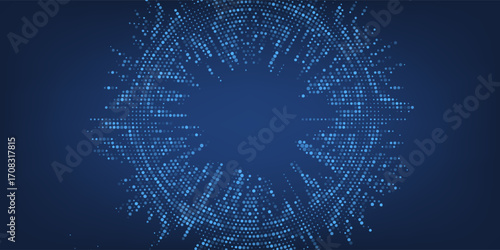 Abstract background blue pixels and circles. Dotted mosaic radial design. Vector Illustration.